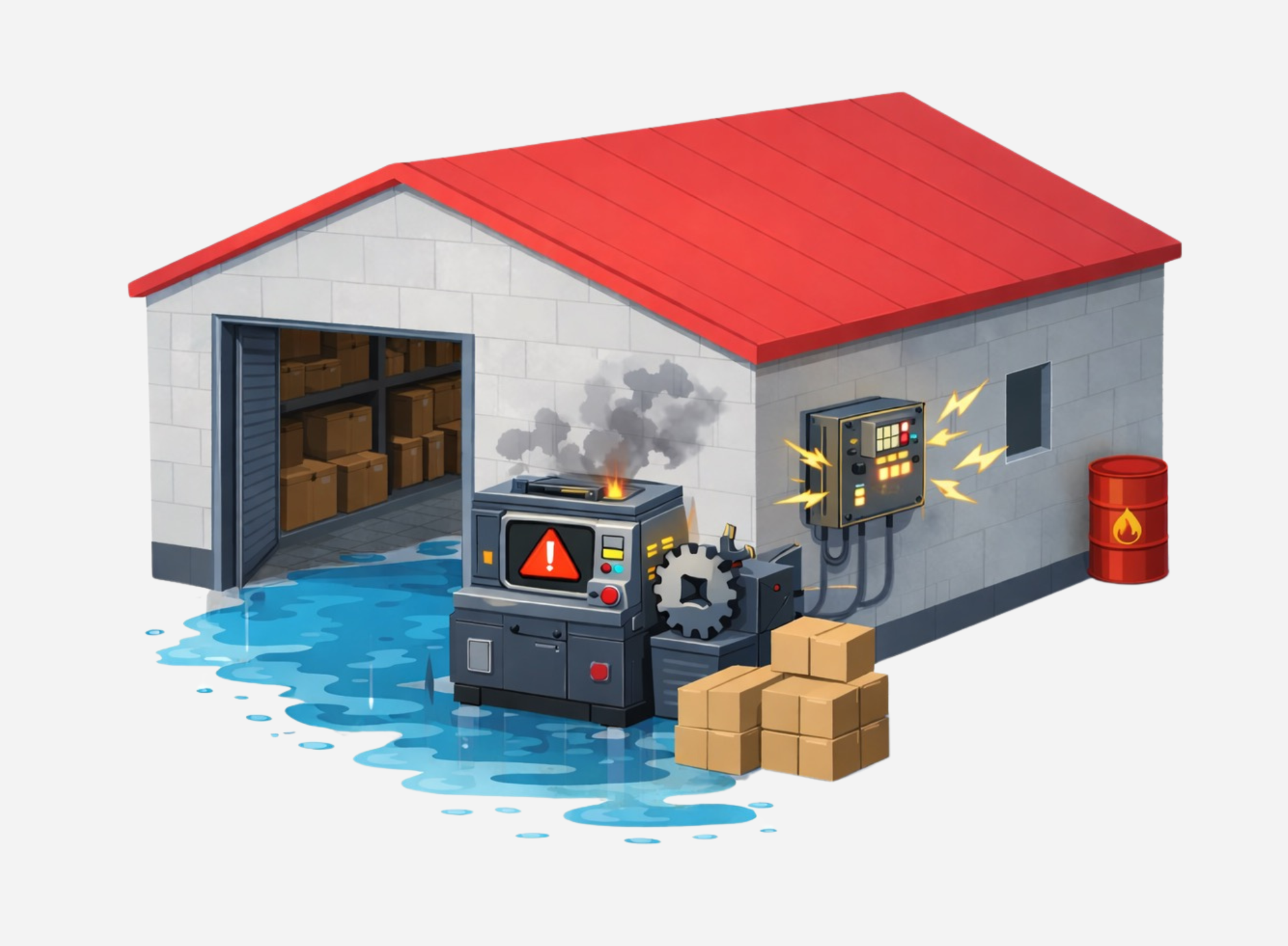 Expert HSE prenant des notes devant un entrepôt, avec une flaque d’eau, une machine en panne, un tableau électrique défaillant et un baril inflammable.