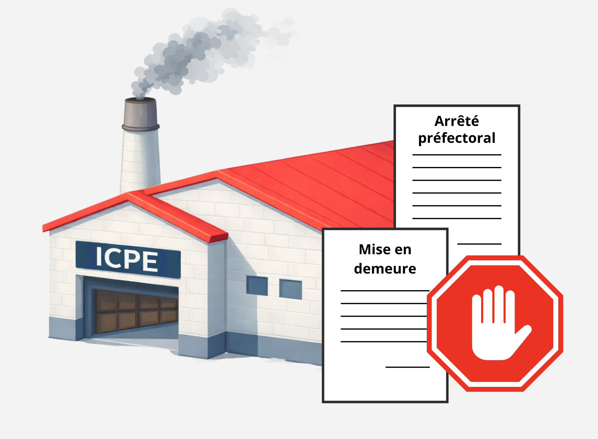 Illustration isométrique d’un site industriel ICPE avec cheminée fumante. Au premier plan, des documents « Arrêté préfectoral » et « Mise en demeure » associés à un panneau stop rouge symbolisent le risque de fermeture administrative.
