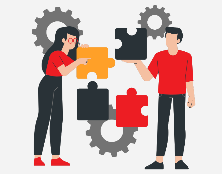 Illustration de nos méthodes en gestion de crise : deux personnes assemblant un puzzle devant des engrenages, symbolisant la co-construction et l’accompagnement ATRISC.