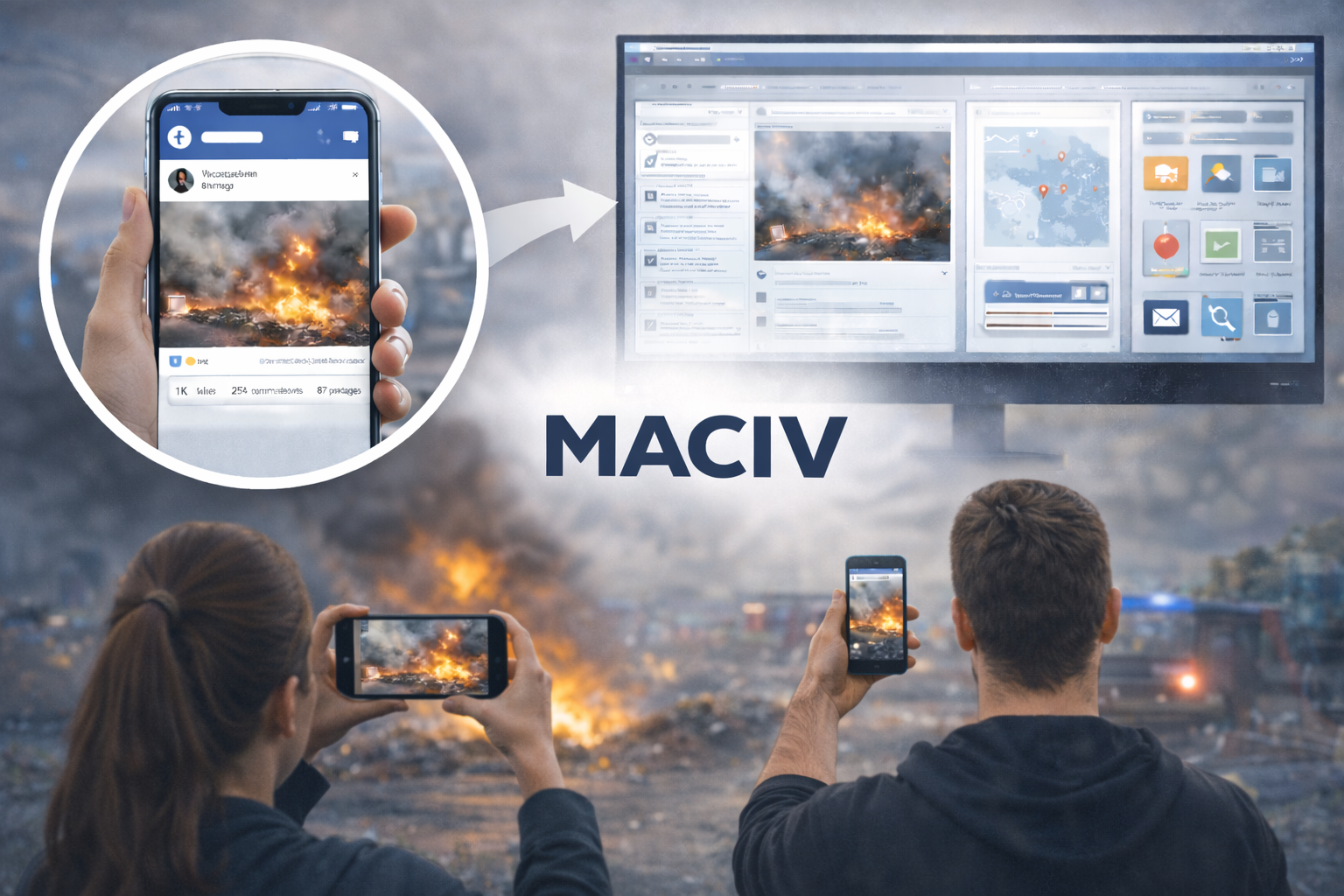 Illustration du projet de recherche MACIV montrant l’intégration des informations issues des réseaux sociaux dans la gestion de crise et la réponse de sécurité civile.