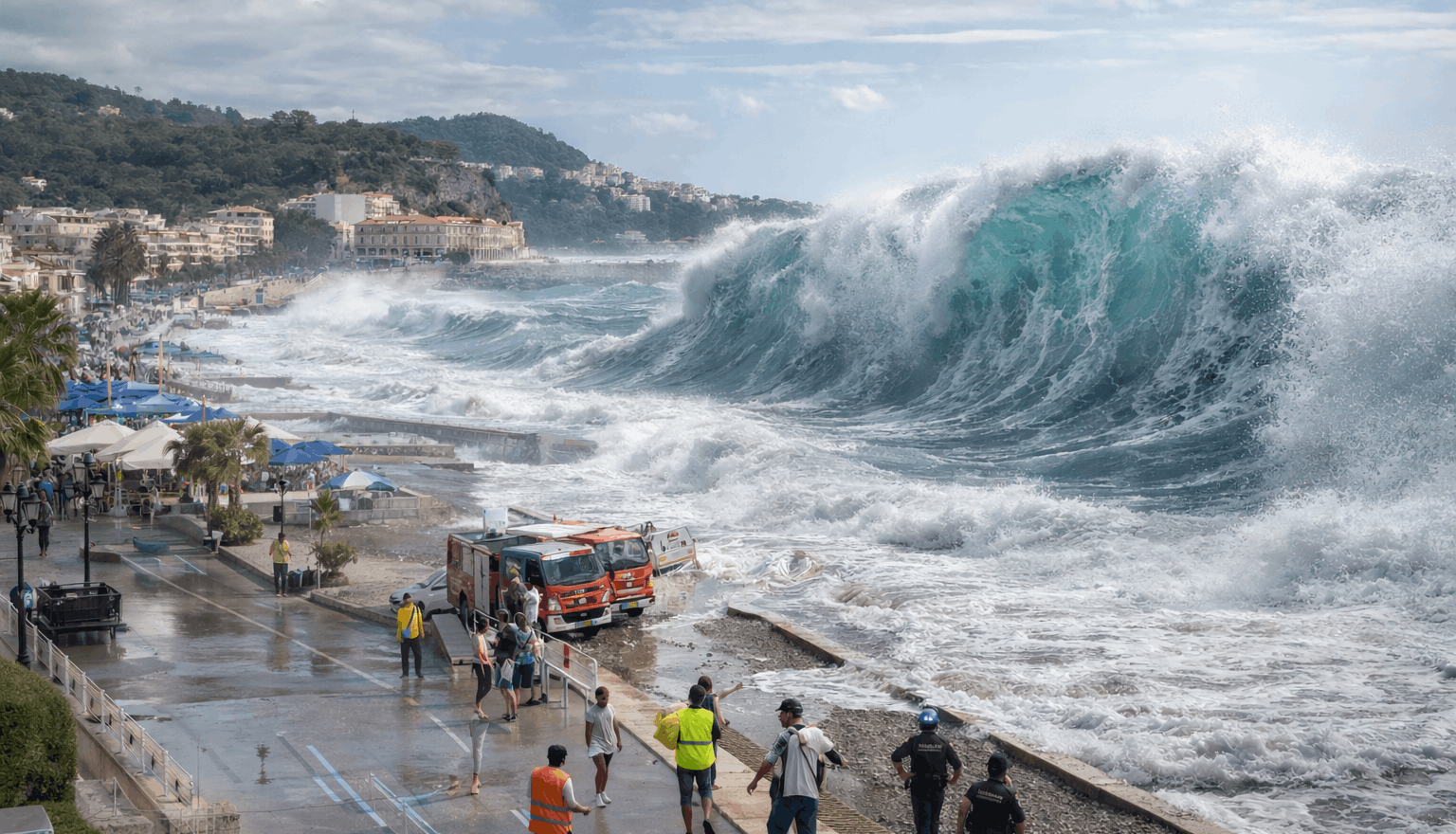 Illustration d’un tsunami impactant le littoral méditerranéen français, représentant les enjeux d’alerte, d’évacuation des populations et de gestion des situations de crise côtières.