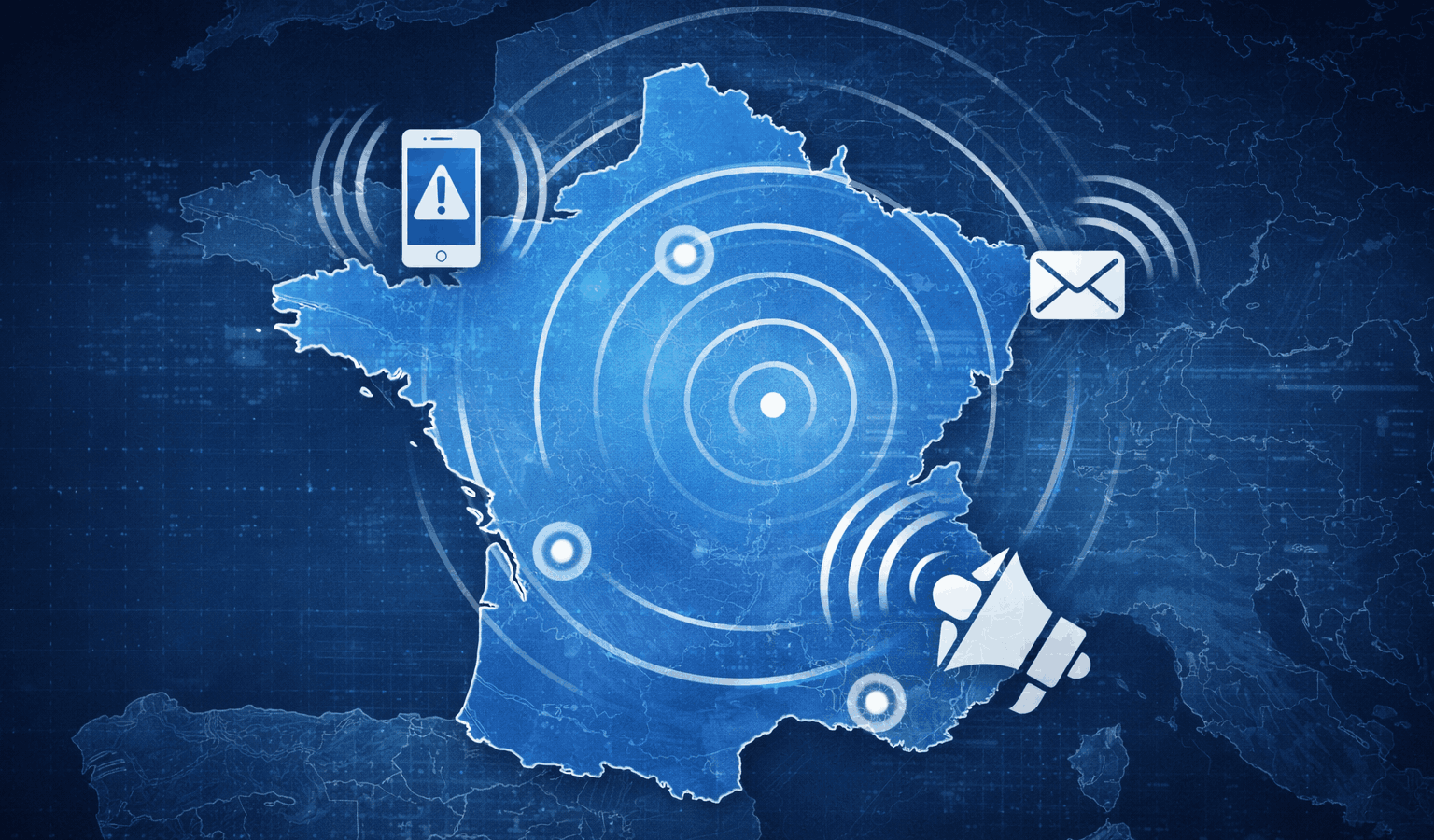 Carte de la France illustrant la diffusion d’une alerte aux populations, avec des signaux de communication et des canaux d’alerte répartis sur le territoire.