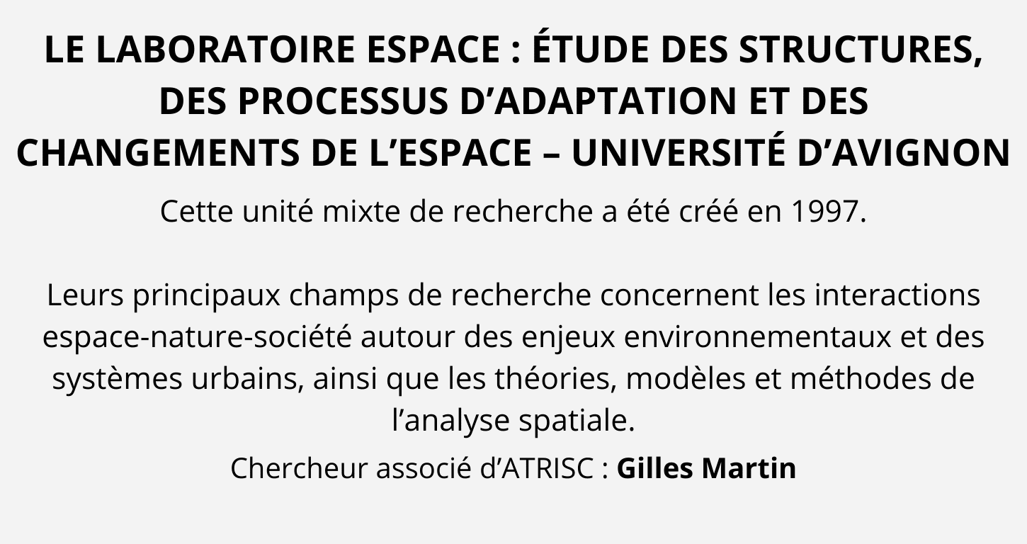 Logo du laboratoire ESPACE de l’Université d’Avignon, spécialisé dans l’étude des structures, processus d’adaptation et changements territoriaux.