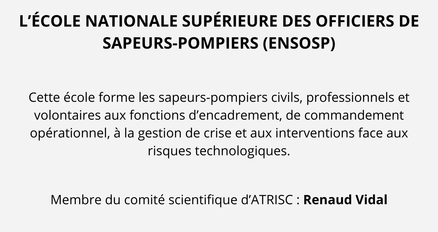 Logo de l’ENSOSP, école nationale supérieure des officiers de sapeurs-pompiers, partenaire d’ATRISC en formation et gestion de crise.