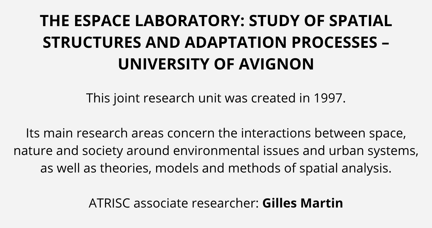 Logo du laboratoire ESPACE de l’Université d’Avignon, spécialisé dans l’étude des structures, processus d’adaptation et changements territoriaux.