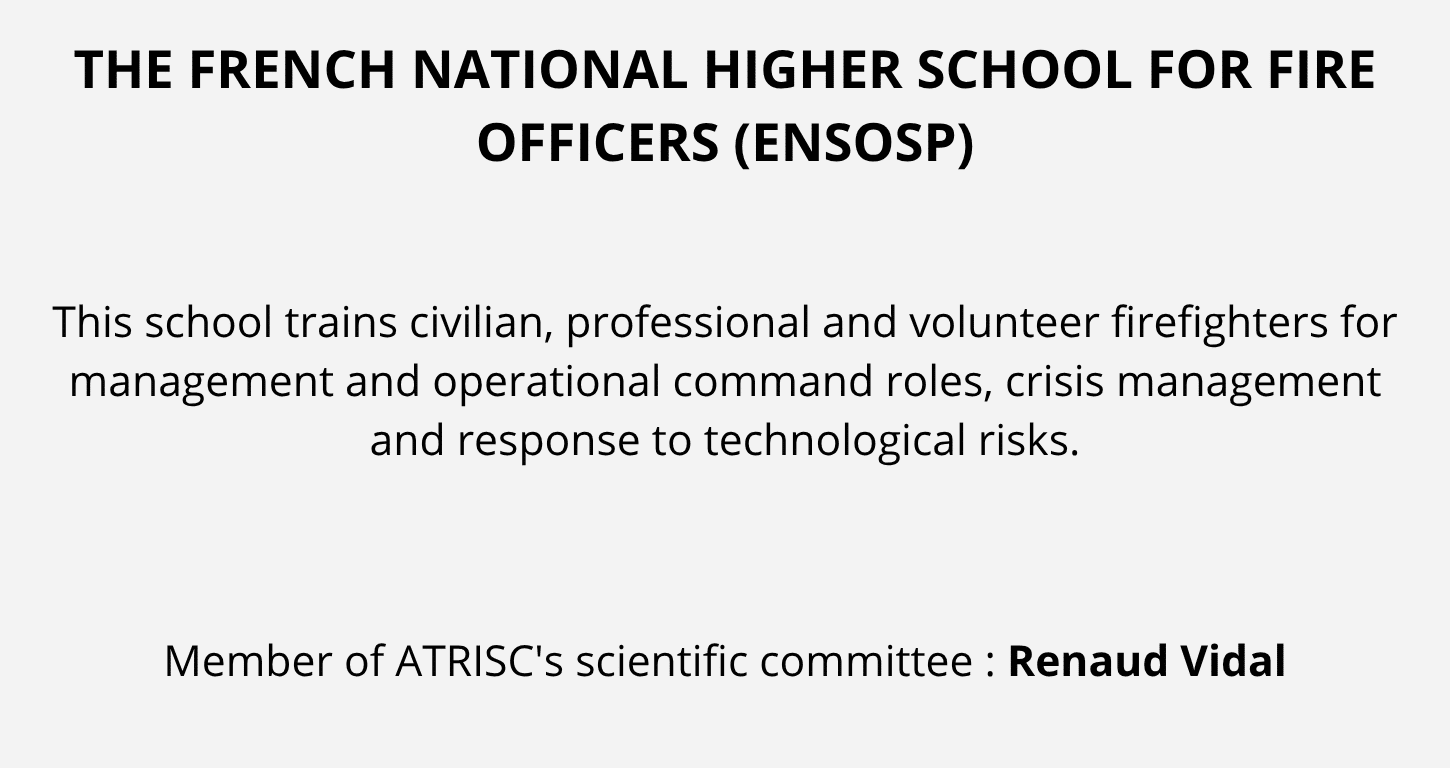 Logo de l’ENSOSP, école nationale supérieure des officiers de sapeurs-pompiers, partenaire d’ATRISC en formation et gestion de crise.